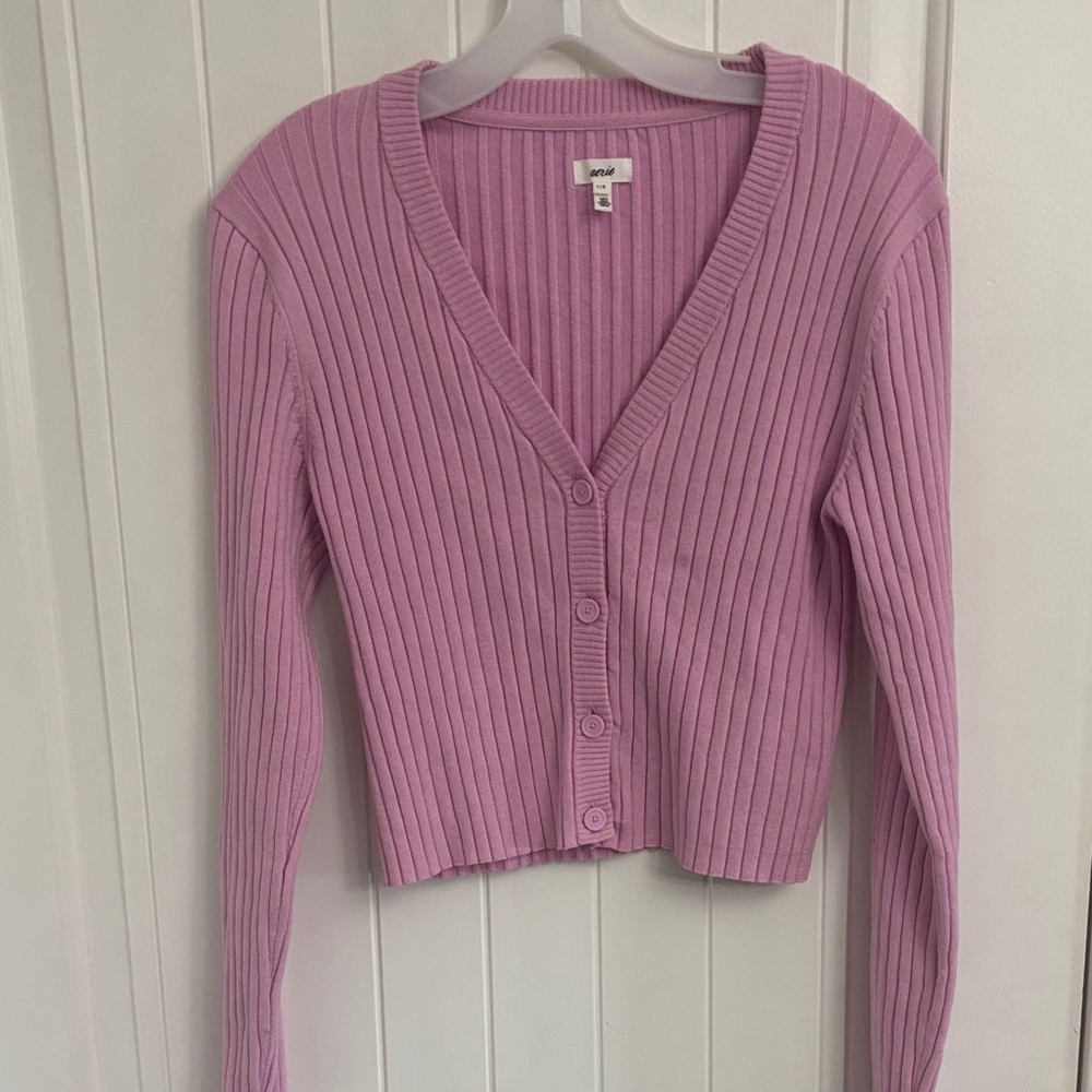 AERIE Pink Ribbed V Neck Button Cardigan